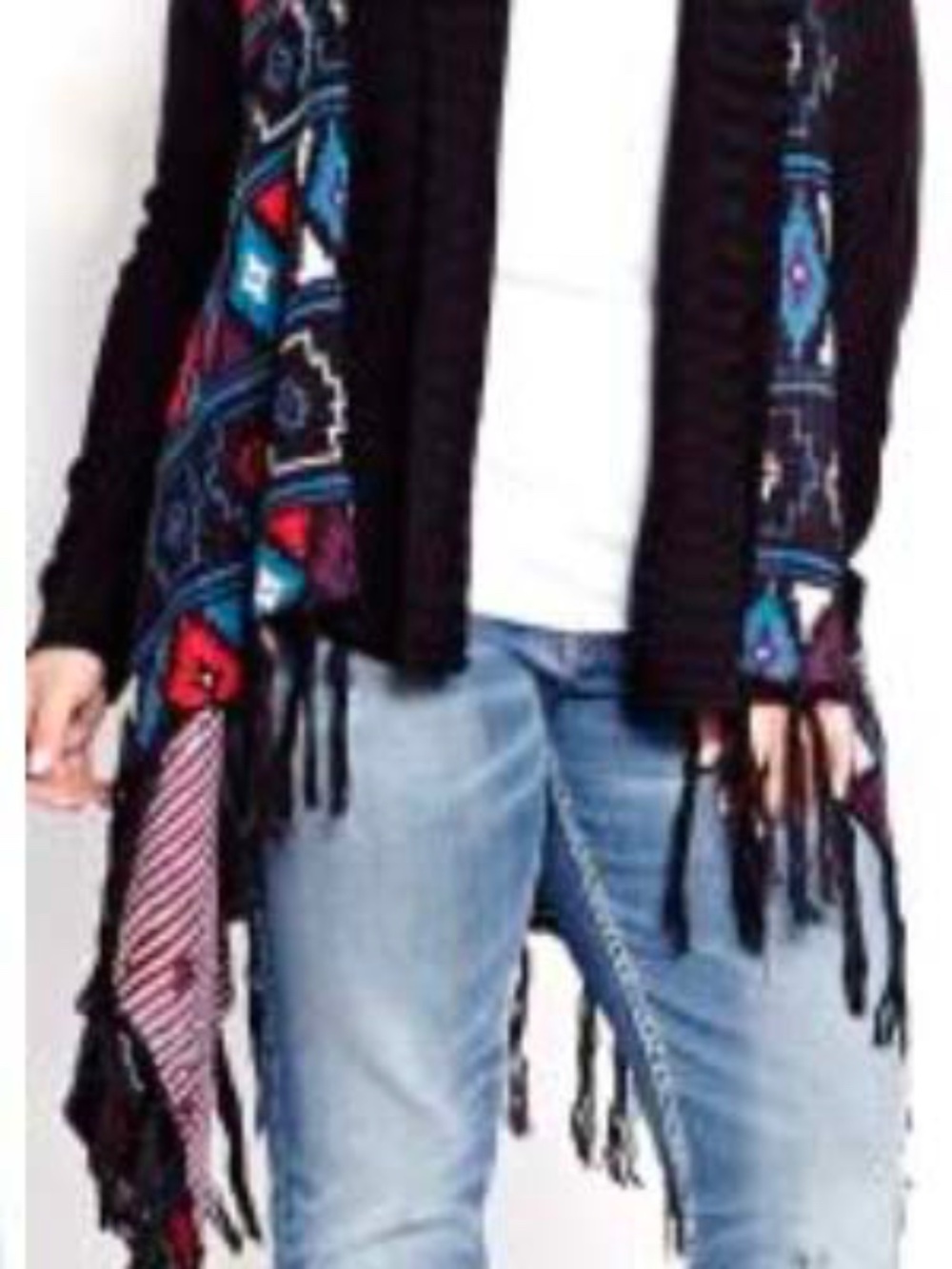 CARDIGAN, FRINGED, BLACK WITH RED/BLUE/WHITE, SIZE 4XL, AZTEC DESIGNS, OPEN FRON